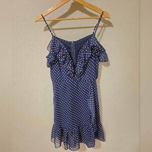Navy Blue White Polka Dot Deep V Off Shoulder Summer Sun Mini Dress Size Medium